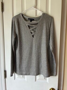 INCGray Ribbed Long-Sleeve Top with Crisscross V-Neck